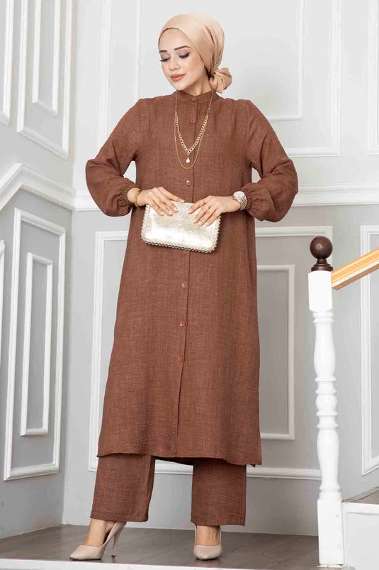 Düğmeli Tunik İkili Tesettür Takım Kahve