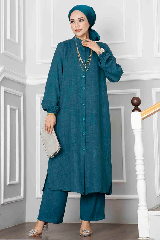 Düğmeli Tunik İkili Tesettür Takım Petrol