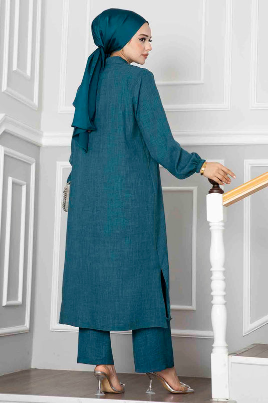 Düğmeli Tunik İkili Tesettür Takım Petrol