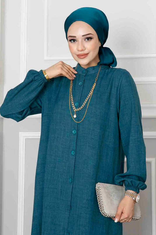 Düğmeli Tunik İkili Tesettür Takım Petrol