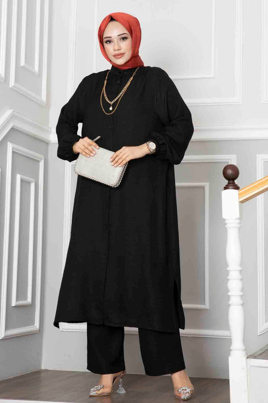 Buttoned Tunic Two-Piece Modest Set Black