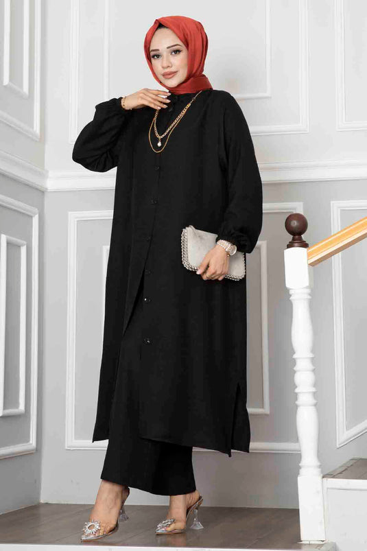 Buttoned Tunic Two-Piece Modest Set Black
