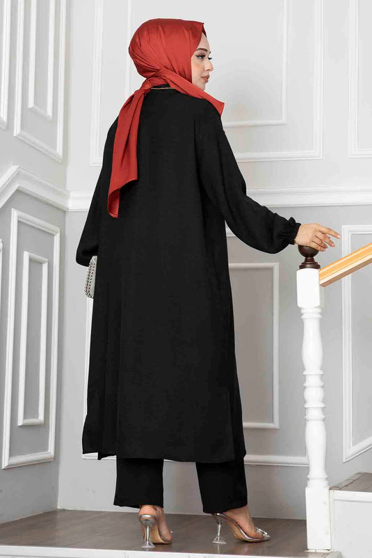 Buttoned Tunic Two-Piece Modest Set Black