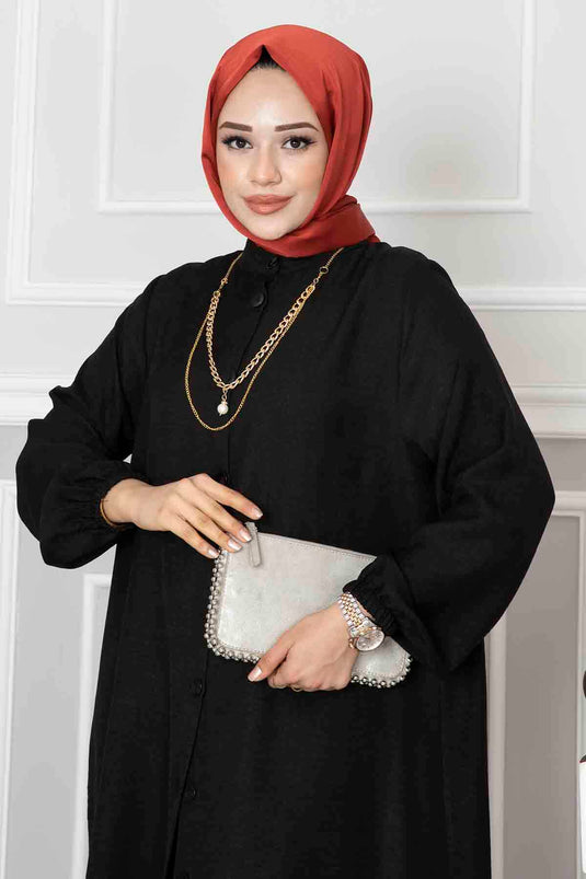 Buttoned Tunic Two-Piece Modest Set Black