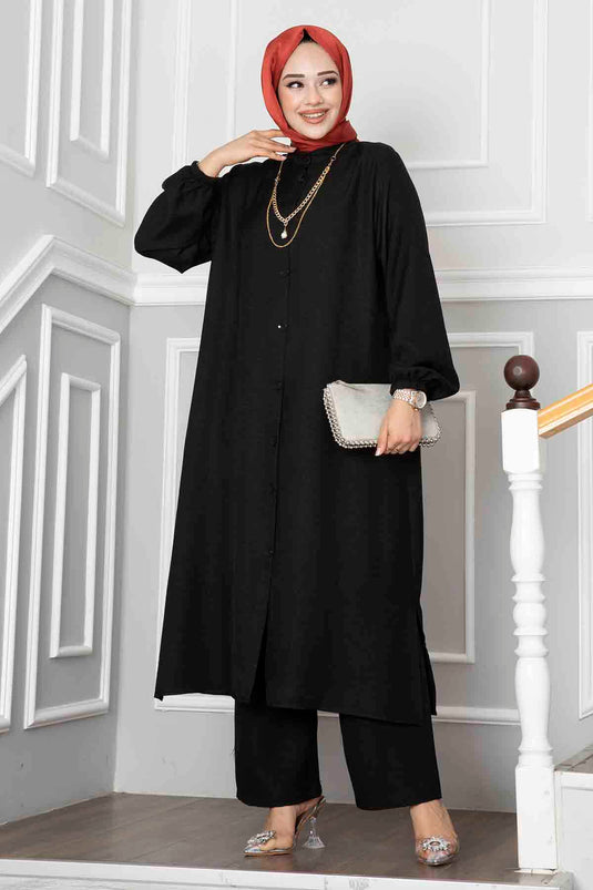 Buttoned Tunic Two-Piece Modest Set Black