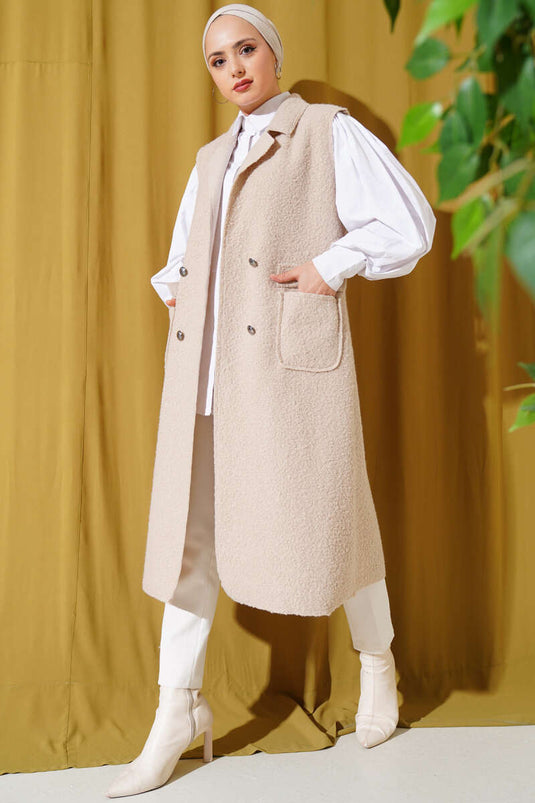 Düğmeli Uzun Buklet Yelek Bej