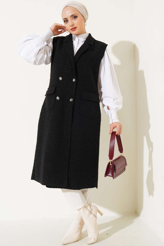 Düğmeli Uzun Buklet Yelek Siyah
