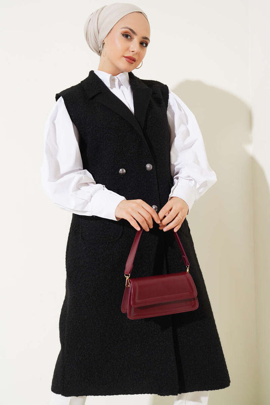 Düğmeli Uzun Buklet Yelek Siyah