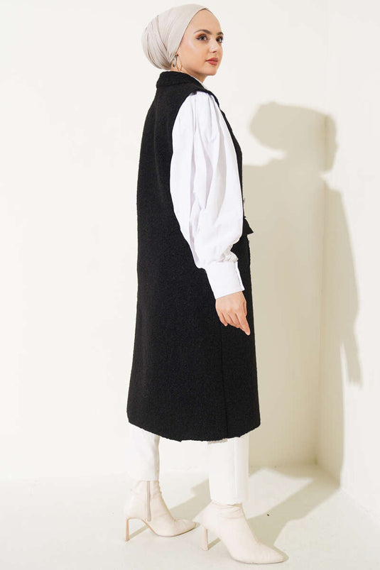 Düğmeli Uzun Buklet Yelek Siyah