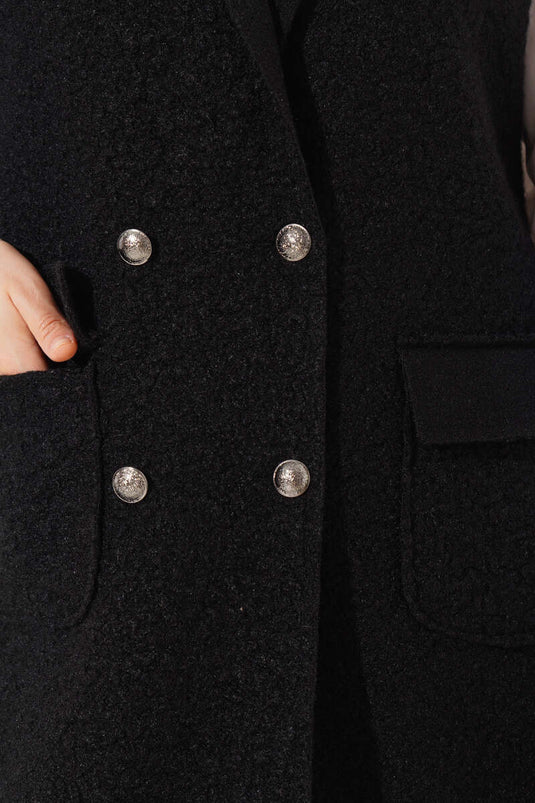 Düğmeli Uzun Buklet Yelek Siyah