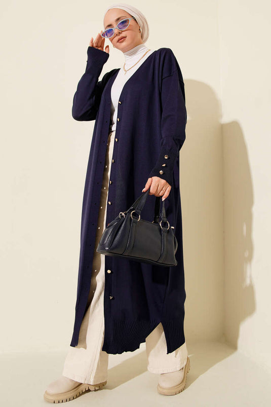 Cardigan Lungo Con Bottoni Mercerizzato Blu Navy