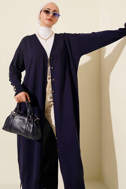 Cardigan Lungo Con Bottoni Mercerizzato Blu Navy