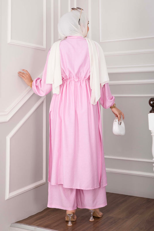 Düğmeli Uzun Tunik Pantolon Takım Pembe