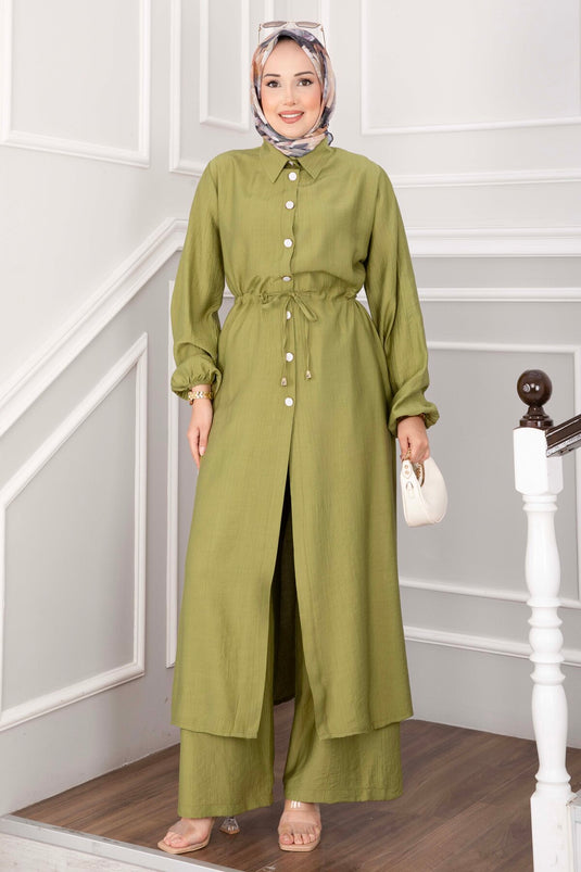 Düğmeli Uzun Tunik Pantolon Takım Yeşil Olive