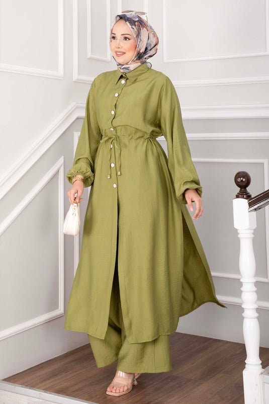 Düğmeli Uzun Tunik Pantolon Takım Yeşil Olive