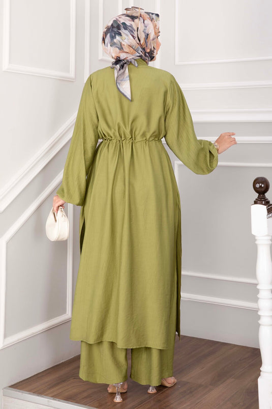 Düğmeli Uzun Tunik Pantolon Takım Yeşil Olive