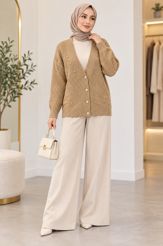 Cardigan In Maglia Camel Con Bottoni E Scollo A V