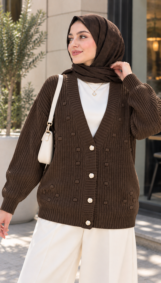 Cardigan In Maglia Con Scollo A V E Bottoni Color Caffè