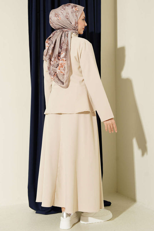 Two-Piece Set with Buttoned Flounce Blouse and Skirt Beige