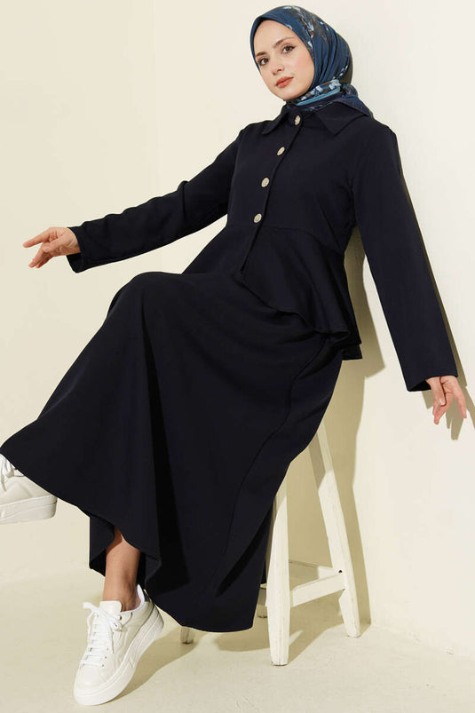 Completo Due Pezzi con Gonna e Blusa a Volant con Bottoni Blu Scuro