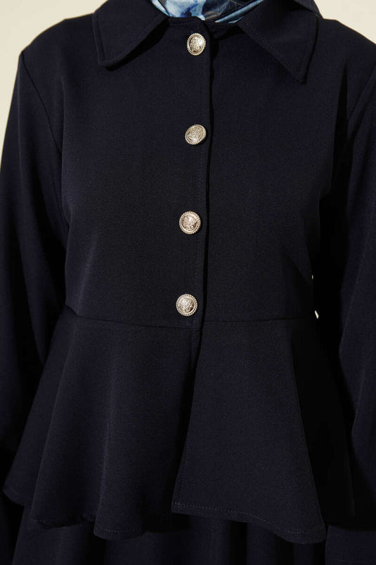 Completo Due Pezzi con Gonna e Blusa a Volant con Bottoni Blu Scuro