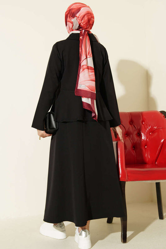 Two-Piece Set with Buttoned Ruffled Blouse and Skirt, Black