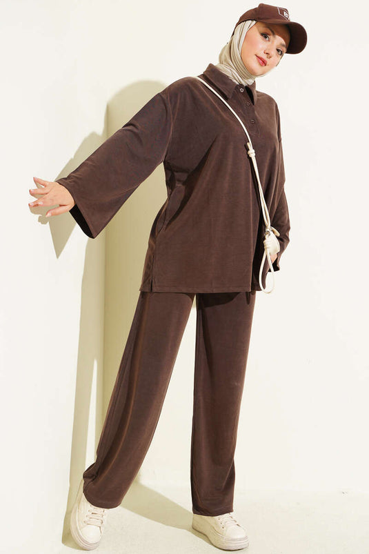 Button-Down Collar Tencel Two-Piece Set In Brown