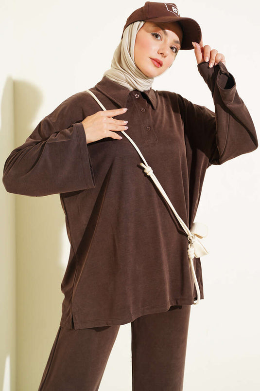 Button-Down Collar Tencel Two-Piece Set In Brown