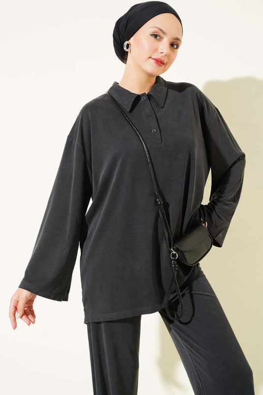 Schwarzes Tencel Zweiteiliger Set Mit Knöpfen