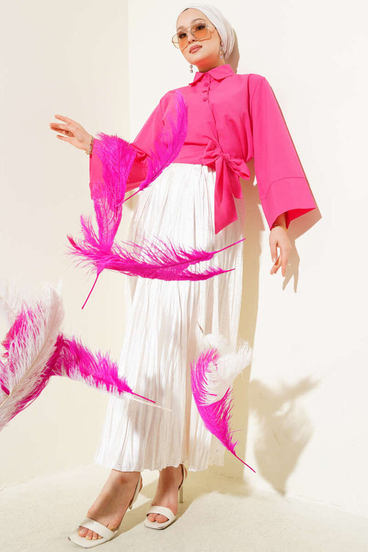 قميص قصير بأزرار ورباط جانبي باللون الفوشيا