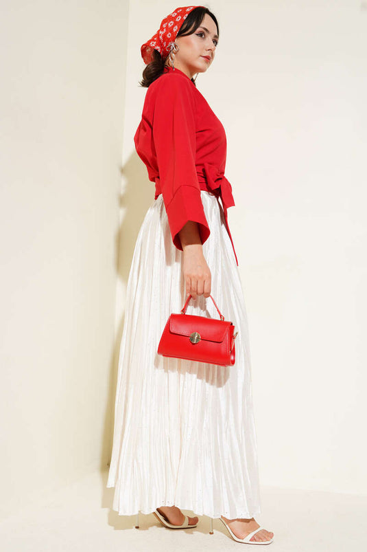 Buttoned Side Tie Short Shirt Red