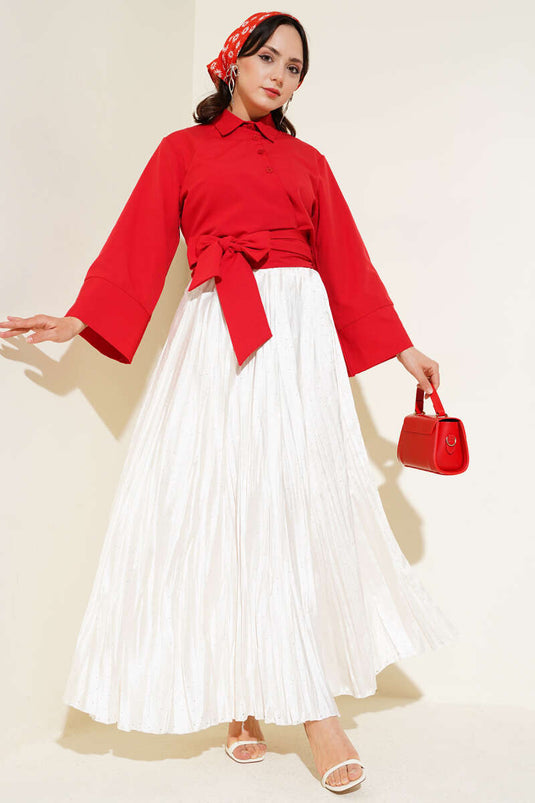 Buttoned Side Tie Short Shirt Red