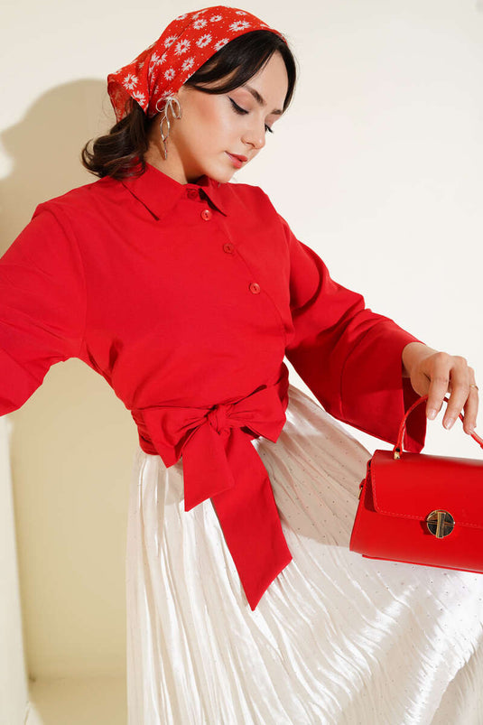 Buttoned Side Tie Short Shirt Red