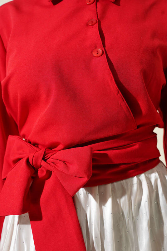Buttoned Side Tie Short Shirt Red