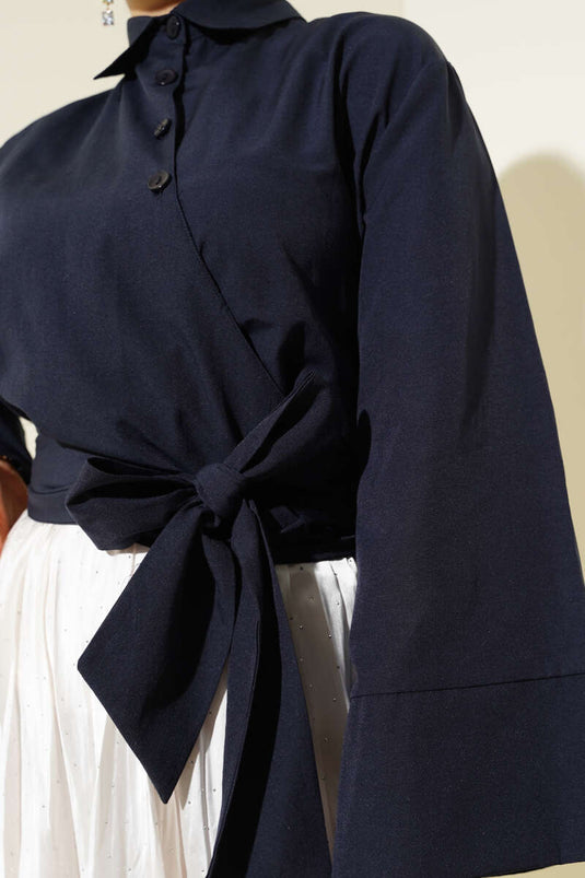 Buttoned Side Tie Short Shirt Navy Blue