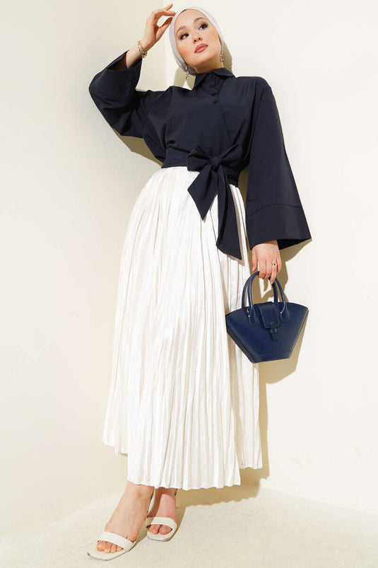 Buttoned Side Tie Short Shirt Navy Blue