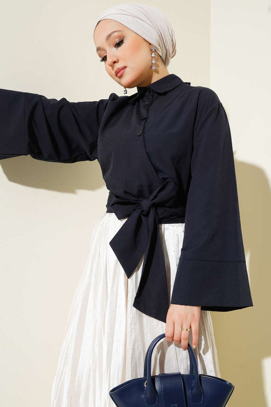 Buttoned Side Tie Short Shirt Navy Blue