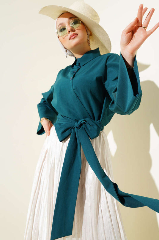 Kurzes Hemd mit seitlicher Knopfleiste in Petrol