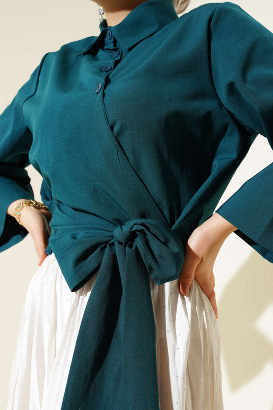 Kurzes Hemd mit seitlicher Knopfleiste in Petrol