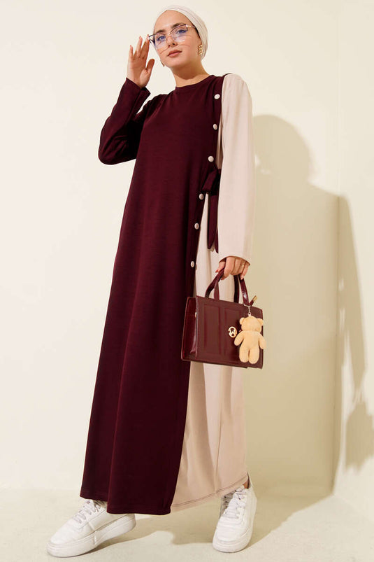 فستان برباط جانبي وأزرار ورقبة دائرية - بورجوندي