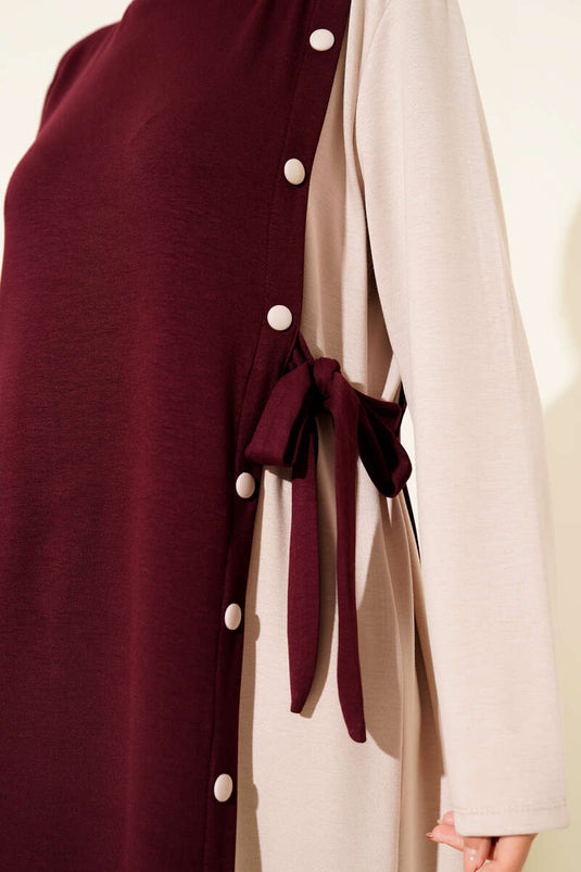 فستان برباط جانبي وأزرار ورقبة دائرية - بورجوندي