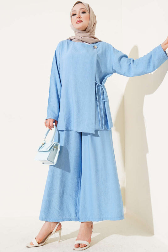 Düğmeli Yandan Bağlamalı İkili Takım Bebe Mavi