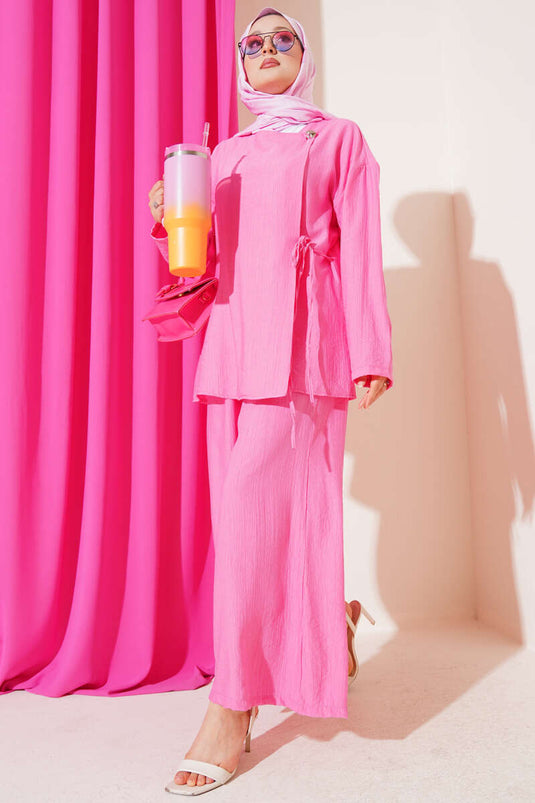Buttoned Side Tie Two Piece Suit Pink