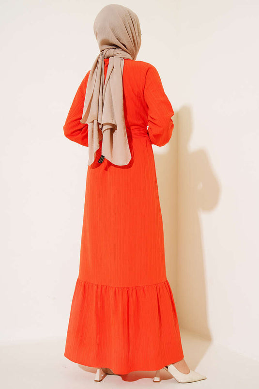 Robe Ceinturée Semi-Plissée Boutonnée Orange