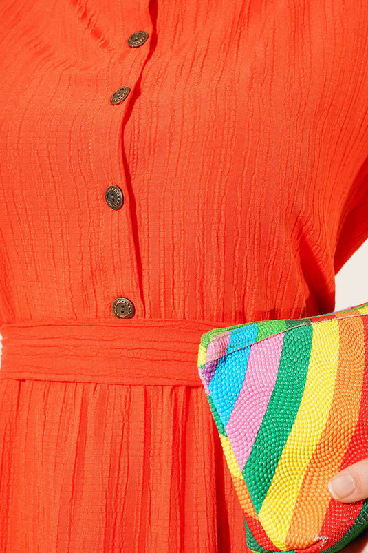 Robe Ceinturée Semi-Plissée Boutonnée Orange