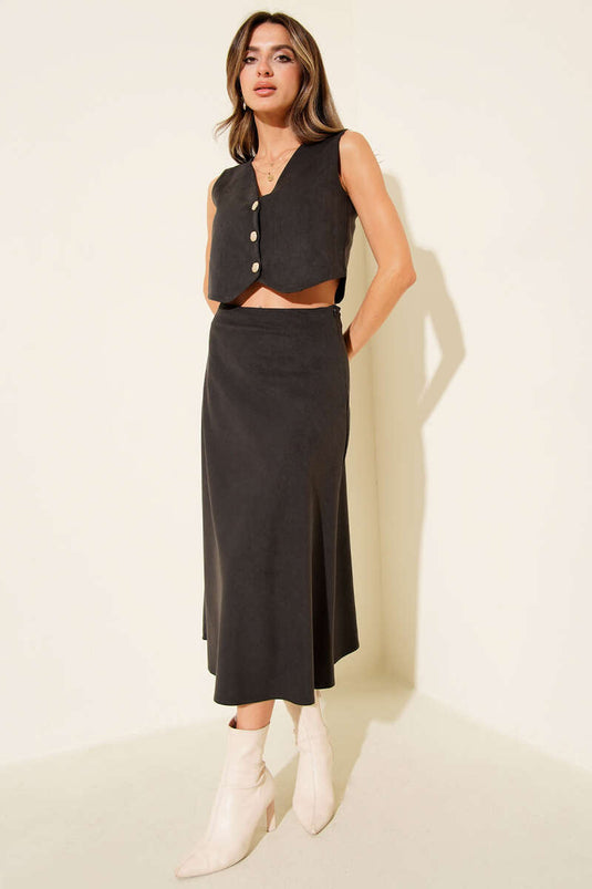 Buttoned Vest and Skirt Suede Two-Piece Set Anthracite