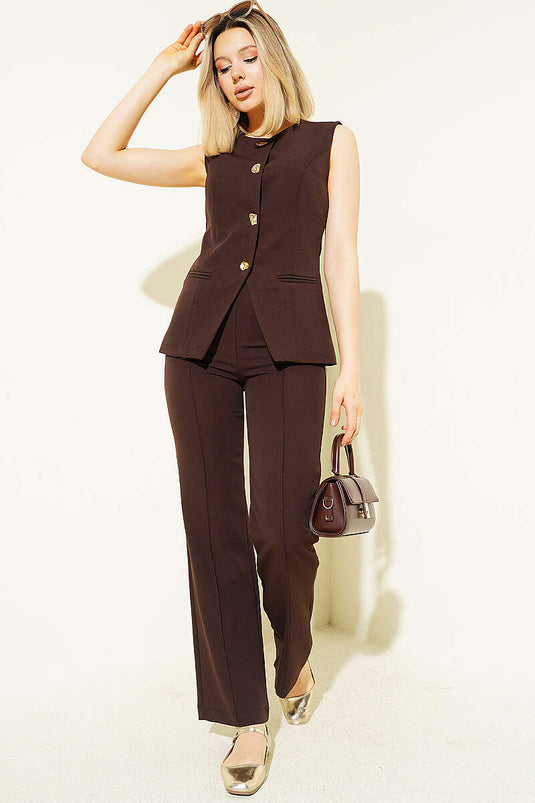 Buttoned Vest and Pants Set Brown