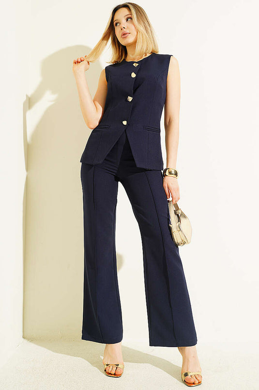 Buttoned Vest and Pants Set Navy Blue
