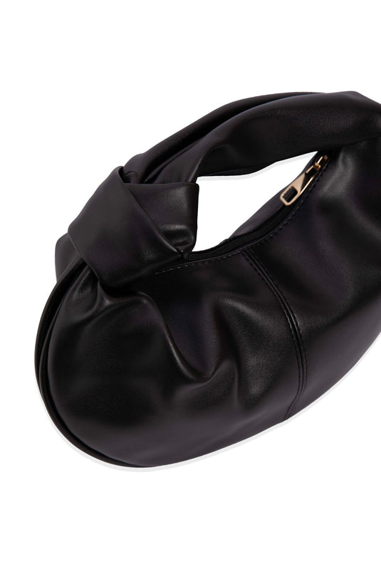 Black Zippered Handbag with Knot Detail
