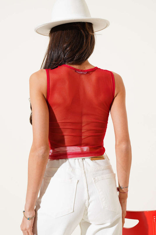 Knotted Tulle Blouse Red